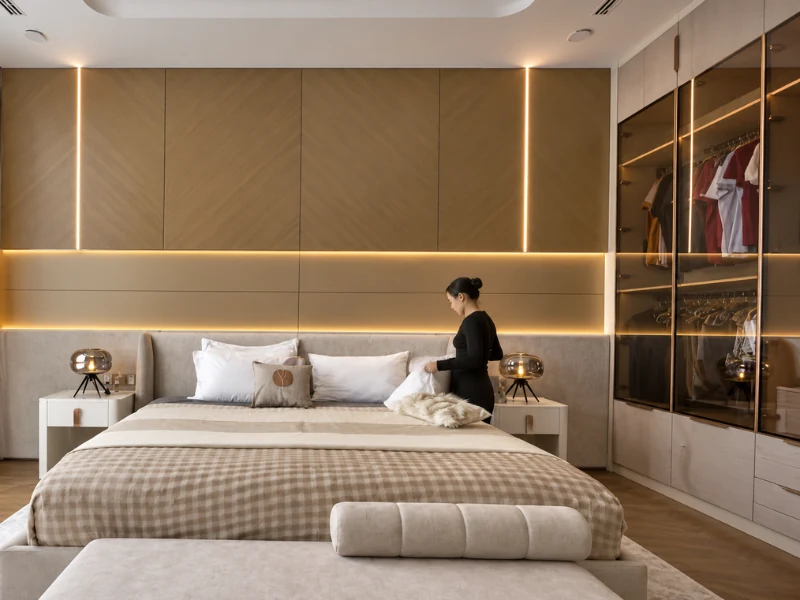 Thiết kế phòng ngủ hiện đại tinh gọn, kết hợp ánh sáng và mảng khối tạo sự thư thái.