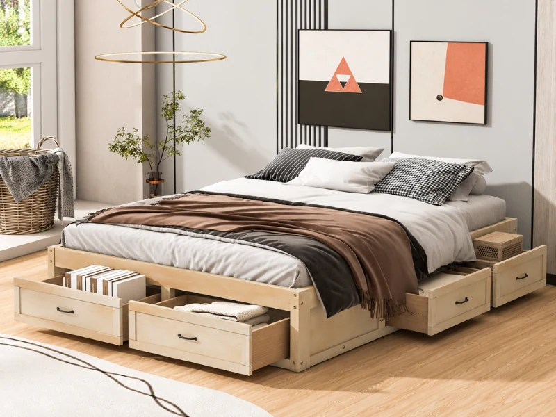 Phong cách thiết kế nội thất hiện đại với giường ngủ thông minh ngăn kéo lưu trữ.