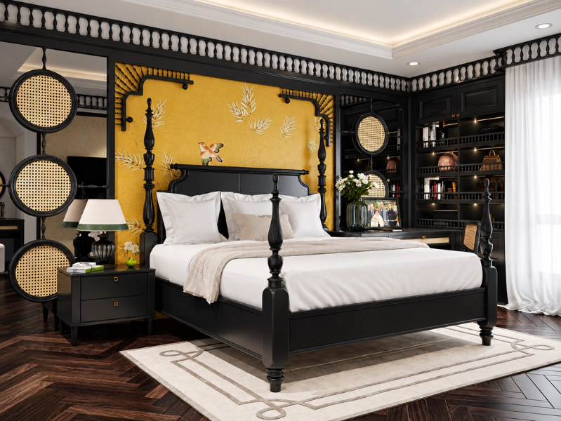 Phòng ngủ chính chung cư 2 phòng ngủ phong cách Indochine với giường bốn cột