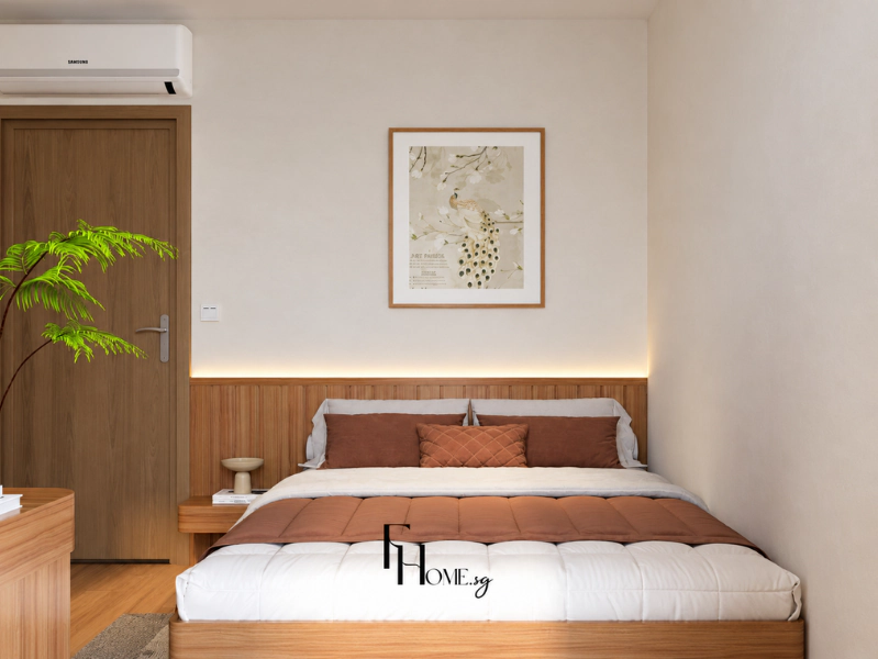Phòng ngủ Japandi Vinhomes Grand Park với gam nâu và vách gỗ