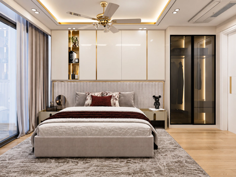 Phòng ngủ master Luxury với tủ áo kính và hệ đèn hắt trần