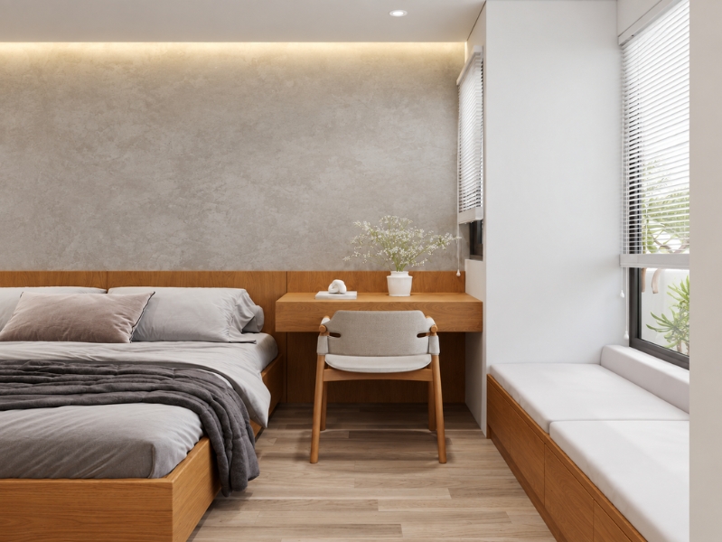 Phòng ngủ phong cách Wabi Sabi với bàn làm việc, cửa sổ.