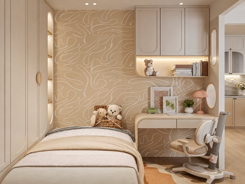 Phòng ngủ nhỏ với giường đơn, bàn làm việc và tủ đồ màu be