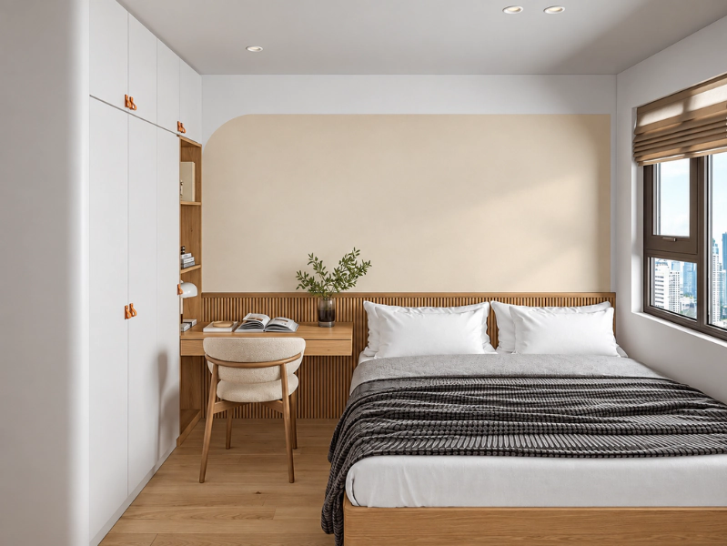 Phòng ngủ phụ căn hộ 50m2 với giường đôi, tủ kịch trần, bàn làm việc nhỏ và cửa sổ