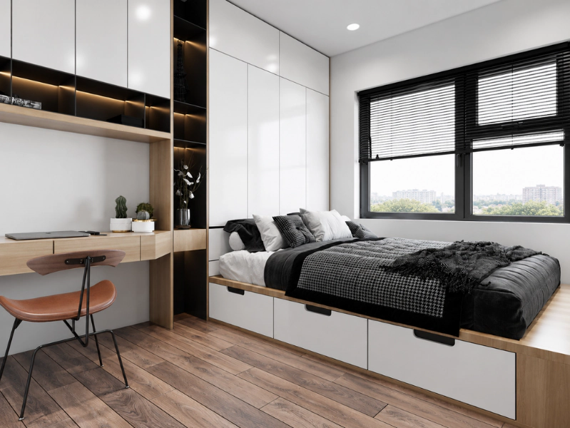 Phòng ngủ phụ chung cư với giường bục ngăn kéo và bàn học