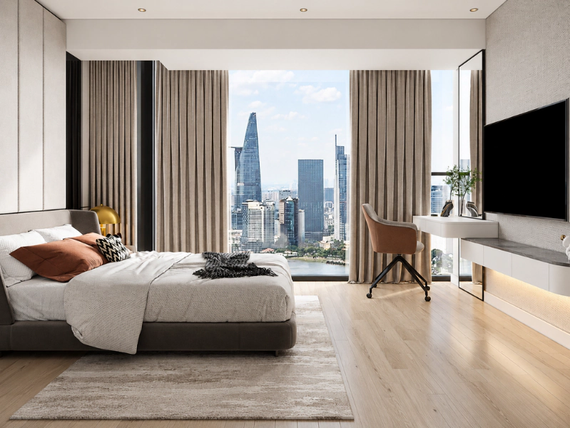 Phòng ngủ phụ phong cách Luxury tích hợp bàn làm việc cạnh cửa kính toàn cảnh
