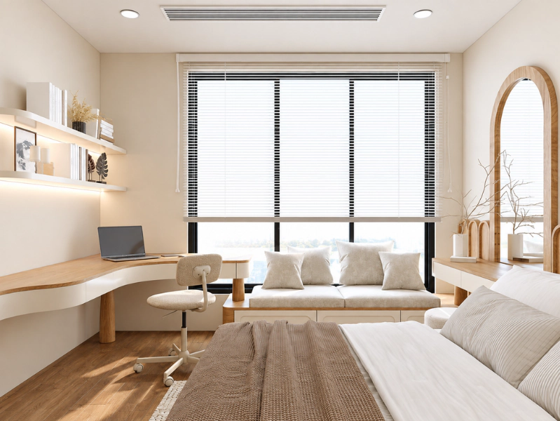 Phòng ngủ Scandinavian có giường gỗ tủ áo trắng và gương vòm
