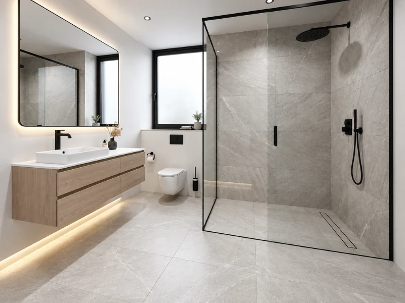 Thiết kế phòng tắm phong cách hiện đại với vách kính đứng và tủ lavabo treo tường tinh giản.