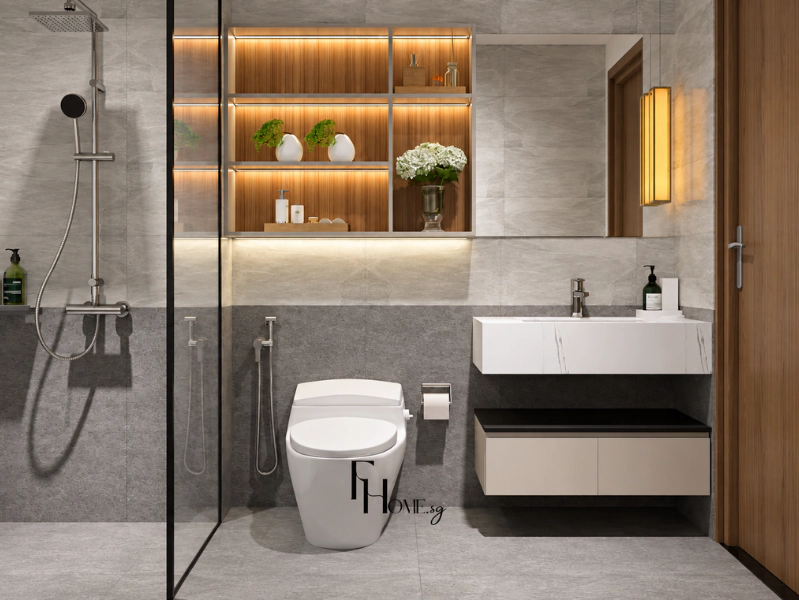 Phòng tắm Japandi Vinhomes Grand Park với vách kính và kệ gỗ sáng