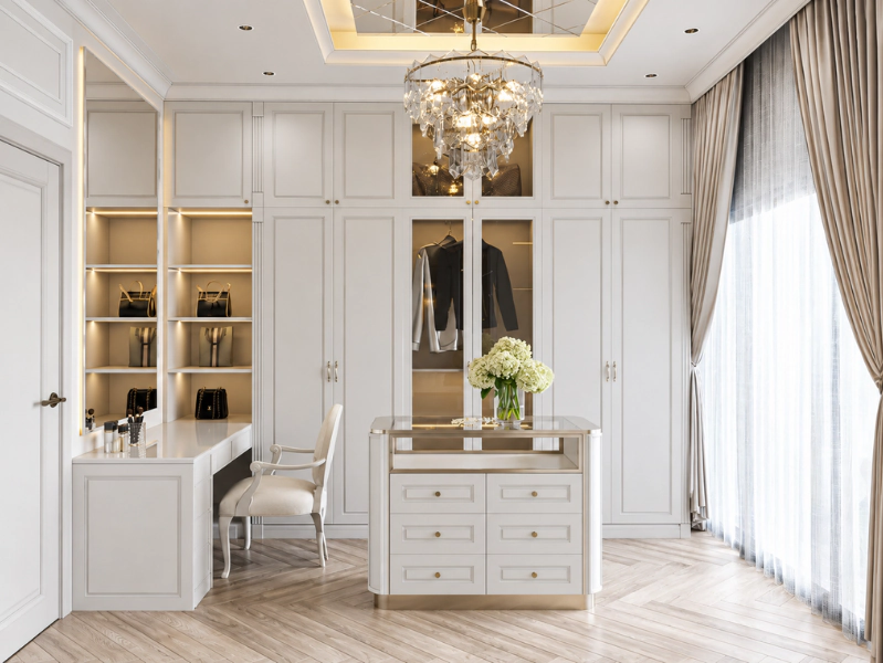 Phòng thay đồ tân cổ điển có tủ áo kịch trần và bàn đảo