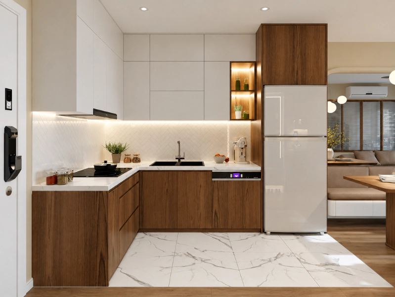 Sảnh vào chung cư 55m2 với tủ giày kèm gương và ghế ngồi