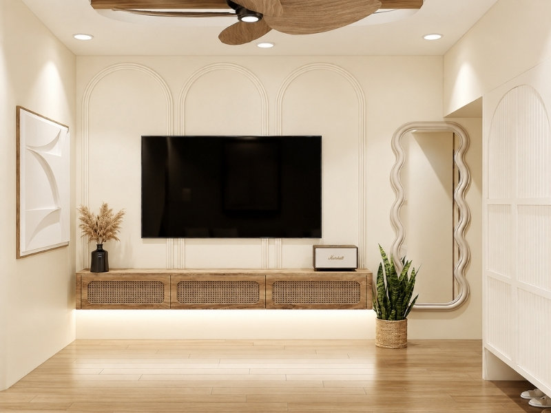 Phòng khách căn hộ 35m2 với kệ tivi treo tường, tủ thấp và gam màu kem sáng