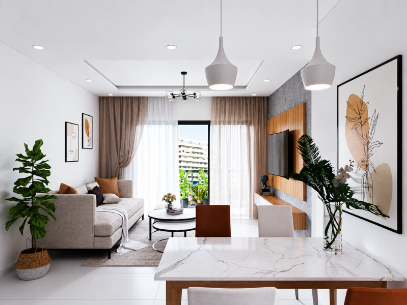 Thiết kế mở 70m2 liên thông phòng khách với phòng ăn và bàn đá