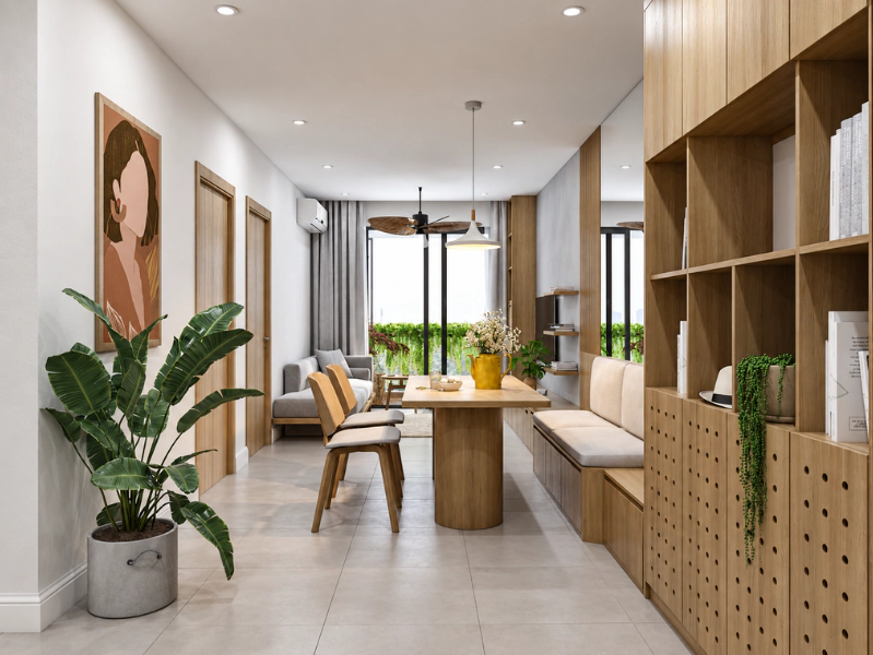 Thiết kế mở 75m2 liên thông phòng ăn với phòng khách và cây xanh
