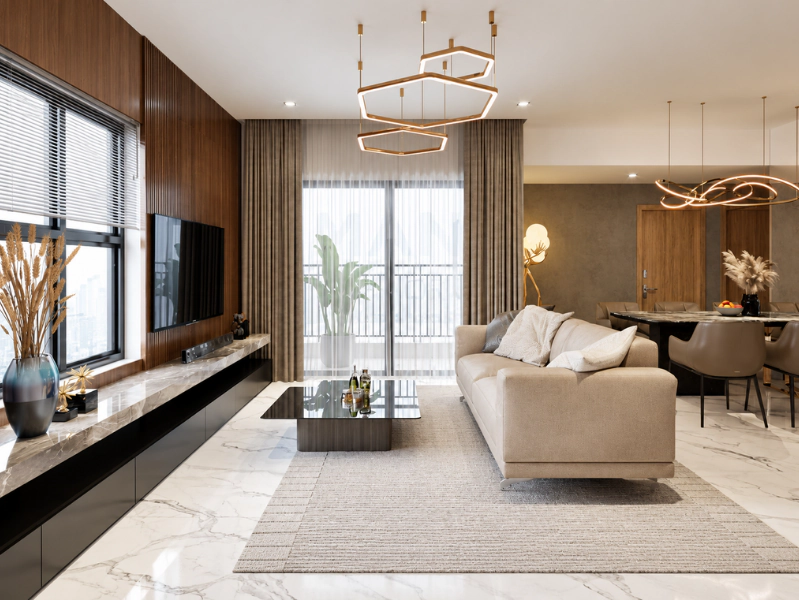Thiết kế mở 90m2 liên thông phòng khách với phòng ăn và sàn đá