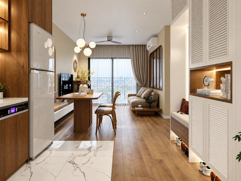 Thiết kế mở chung cư 55m2 liên thông phòng khách với bàn ăn và bếp