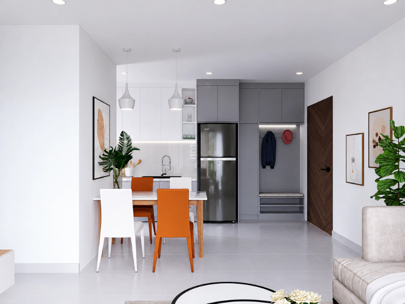 Thiết kế mở liên thông phòng ăn và bếp 70m2 với ghế cam