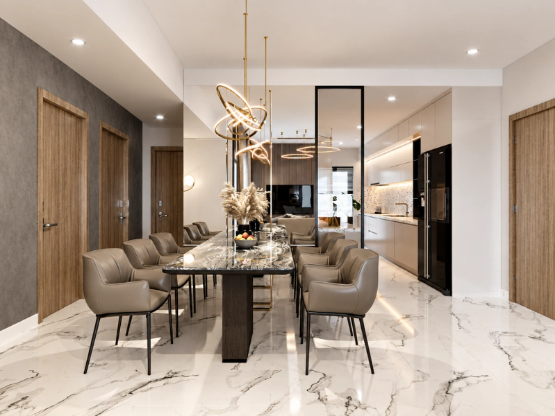 Thiết kế mở liên thông phòng ăn và bếp trong chung cư 90m2