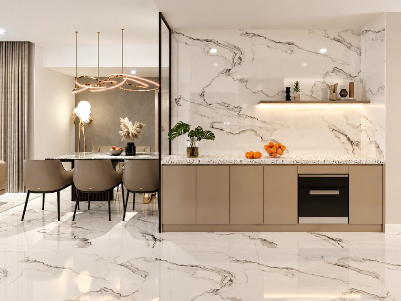 Thiết kế mở liên thông phòng bếp và phòng ăn chung cư 90m2
