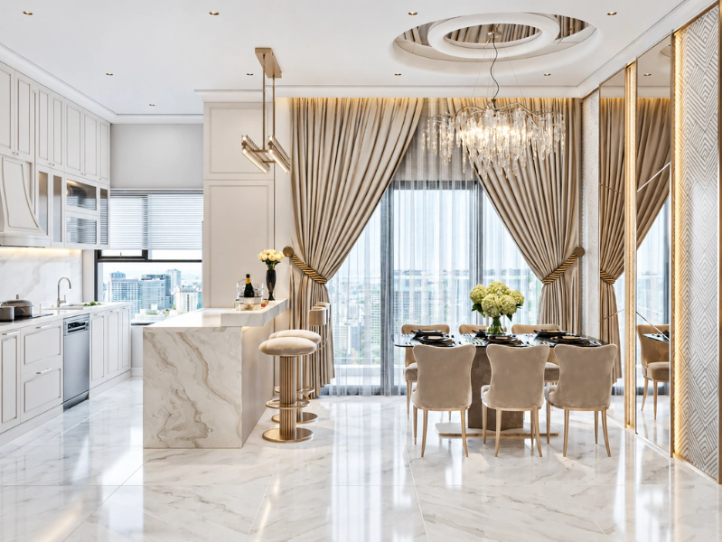 Thiết kế mở liên thông phòng bếp và phòng ăn tân cổ điển