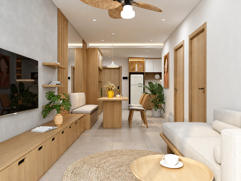 Thiết kế mở chung cư 75m2 liên thông phòng khách với bàn ăn và bếp