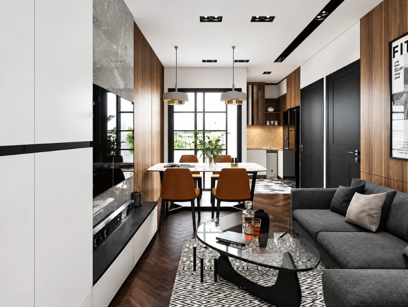 Thiết kế mở chung cư 80m2 liên thông phòng khách với bàn ăn và bếp