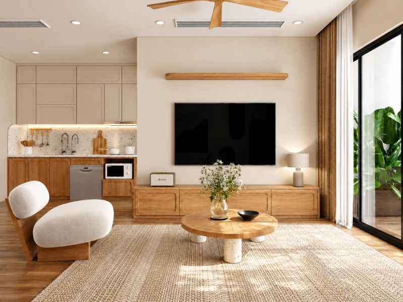 Thiết kế mở Scandinavian liên thông phòng khách với bếp qua vách tivi gỗ
