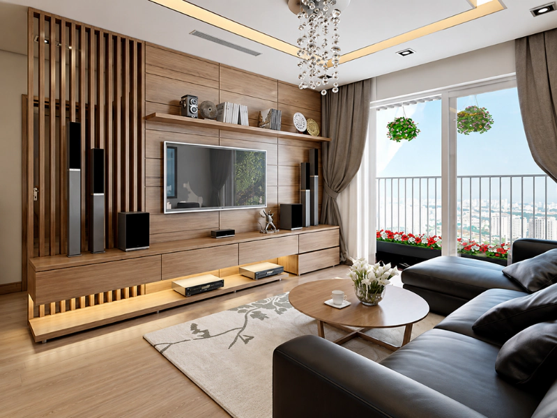 Phòng khách chung cư cho vợ chồng trẻ với sofa góc và vách tivi gỗ