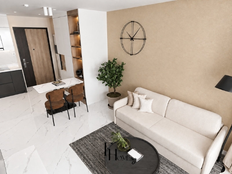 Thiết kế phòng khách chung cư 50m2 sáng thoáng, liền kề khu bếp