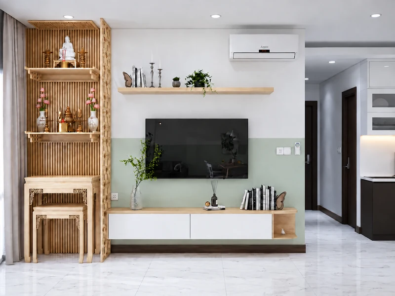 Thiết kế phòng khách chung cư có bàn thờ kết hợp vách ngăn CNC tối ưu diện tích