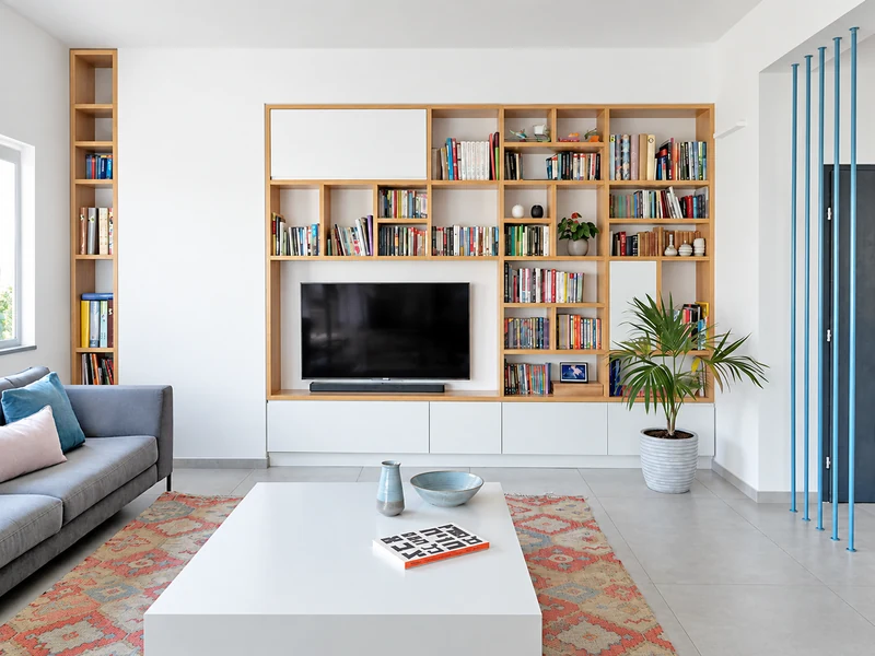 Thiết kế phòng khách với hệ tủ âm tường gỗ kết hợp kệ sách và tủ TV