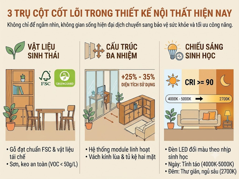 3 trụ cột thiết kế nội thất hiện nay gồm vật liệu sinh thái, cấu trúc đa nhiệm và chiếu sáng sinh học