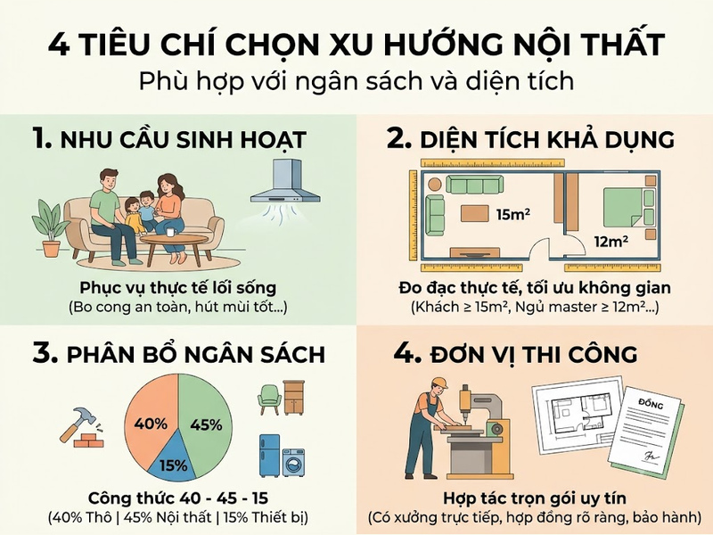4 tiêu chí chọn xu hướng nội thất gồm nhu cầu sinh hoạt, diện tích khả dụng, phân bổ ngân sách 40-45-15 và đơn vị thi công