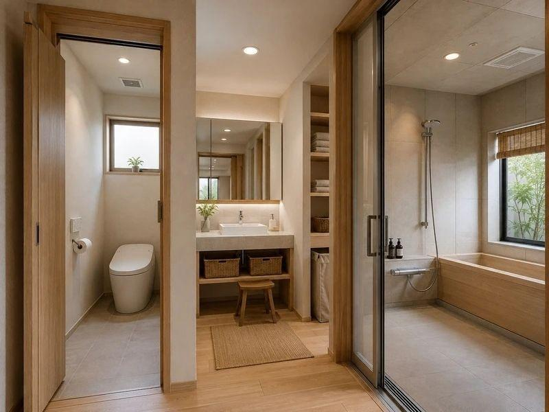 Mẫu ba vùng kiểu Nhật gồm WC, lavabo thay đồ và khu tắm