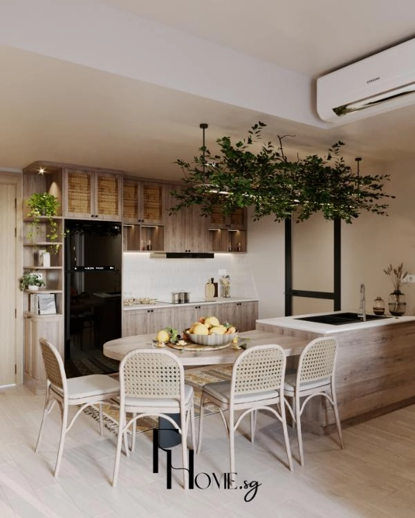 Bàn ăn gỗ bầu dục với 4 ghế mây cạnh đảo bếp mặt đá