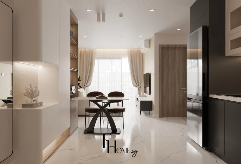 Bàn ăn cỡ nhỏ sát khối tủ trắng và lối đi thông ra phòng khách