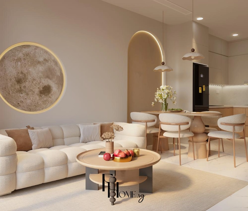 Bàn ăn tròn giữa phòng khách và bếp cạnh sofa trắng và vòm hắt đèn
