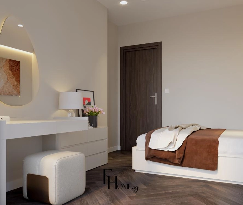Bàn phấn trắng với gương dáng cong có viền đèn cạnh giường phòng master