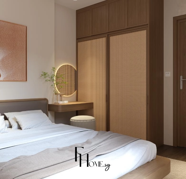 Bàn trang điểm gắn tường cạnh tủ và đôn tròn đặt dưới mặt bàn