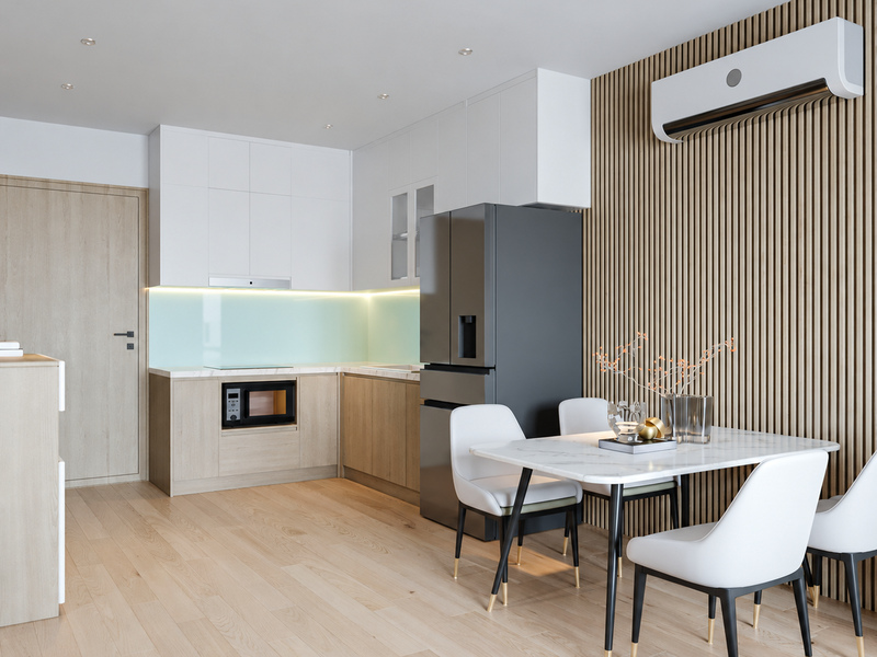 Bếp ăn căn hộ 60m2 với tủ trắng và bàn ăn bốn ghế