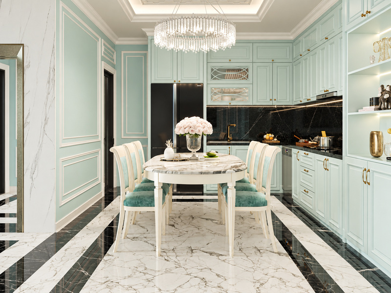 Bếp ăn Tân Cổ Điển căn hộ 60m2 với tủ xanh pastel