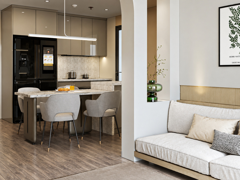 Bếp ăn tối giản căn hộ 60m2 với tủ màu trung tính