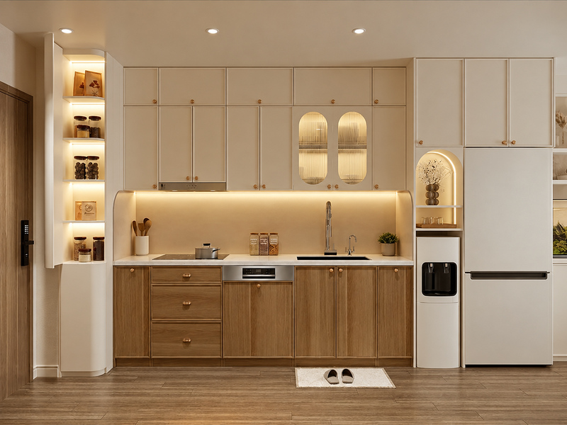 Bếp căn hộ 60m2 với tủ gỗ sáng và hốc trang trí