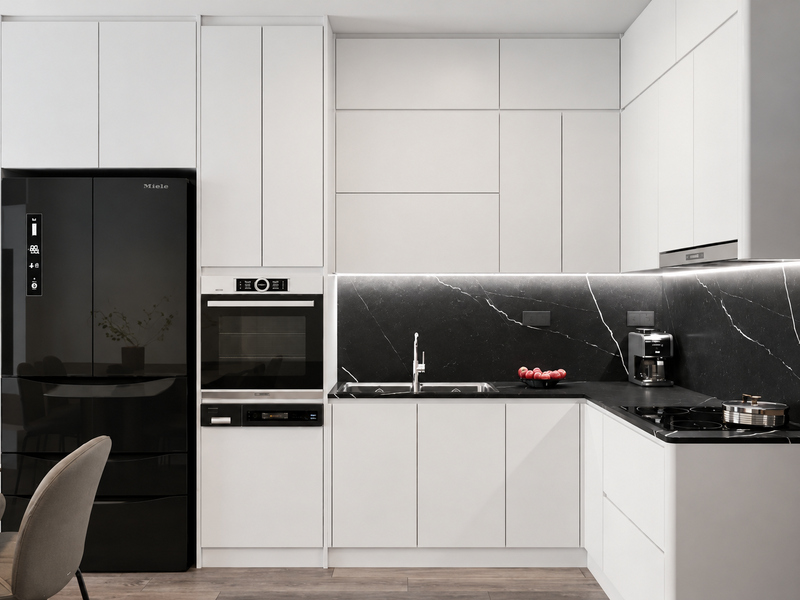 Bếp chữ L căn hộ 60m2 một phòng ngủ với tủ trắng và mặt đá đen