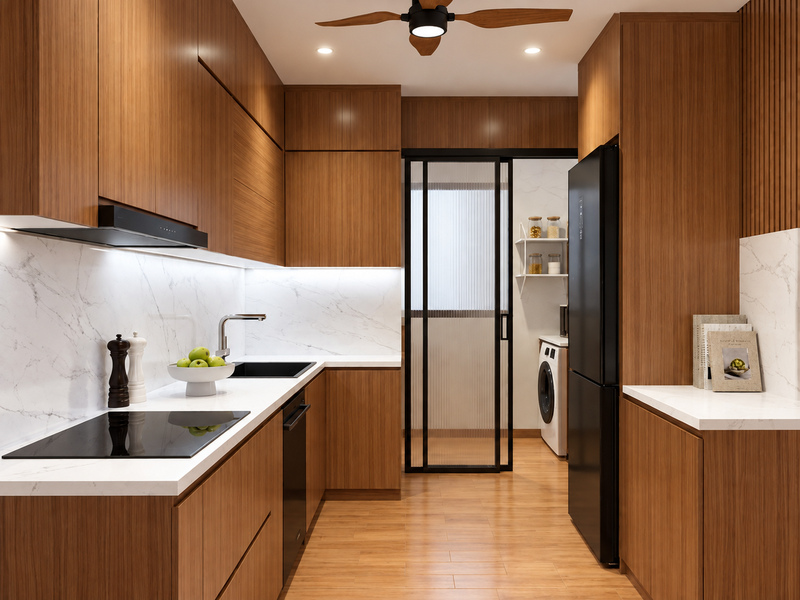 Bếp chữ L căn hộ 60m2 phong cách Japandi với tủ gỗ