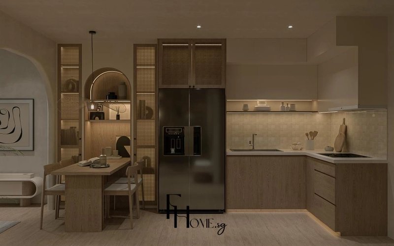 Bếp chữ L có tủ lạnh âm trong tủ cao và kệ mở có đèn