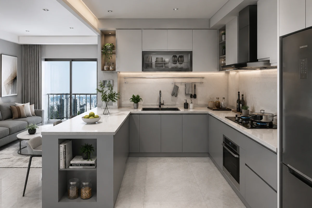Bếp chung cư chữ U màu xám với đảo nhỏ và hệ tủ cao