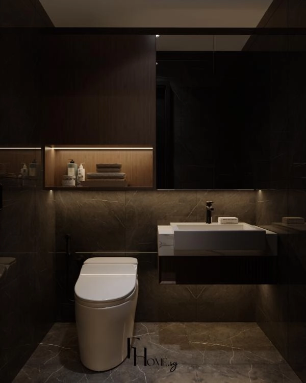Bồn cầu cạnh lavabo mặt trắng đặt trên tủ treo với gương lớn phía trên