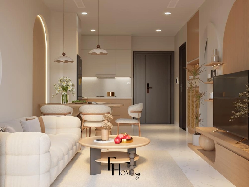Phòng khách liền bếp tông be kem với sofa trắng và vòm gỗ sáng