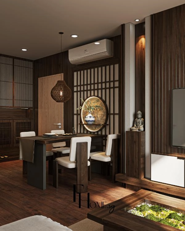 Bàn ăn mặt gỗ tối cùng ghế nệm trắng và chao đèn đan mây